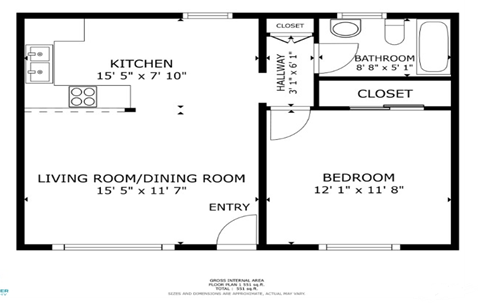 Floor plan for 1 bed, 1 bath, 511 sqft